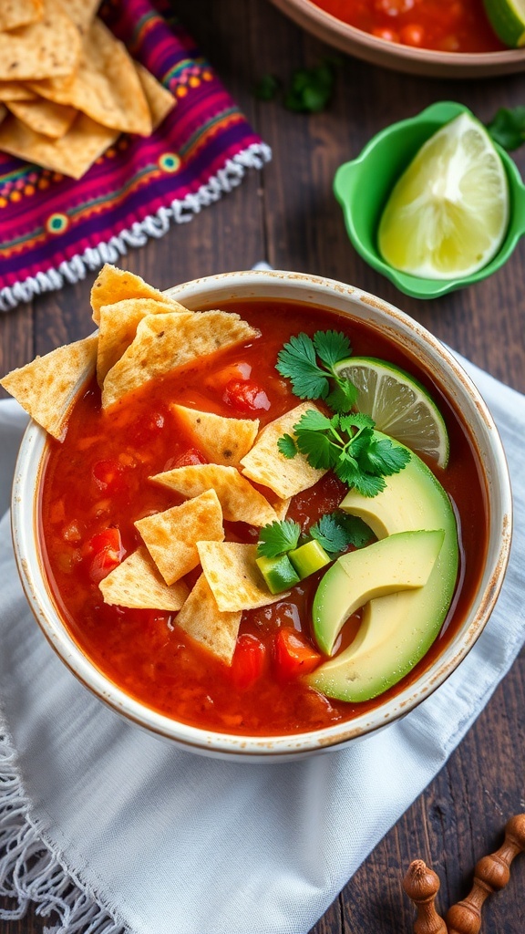 A bowl of tortilla soup with crispy tortilla strips, avocado, and cilantro on a rustic table.